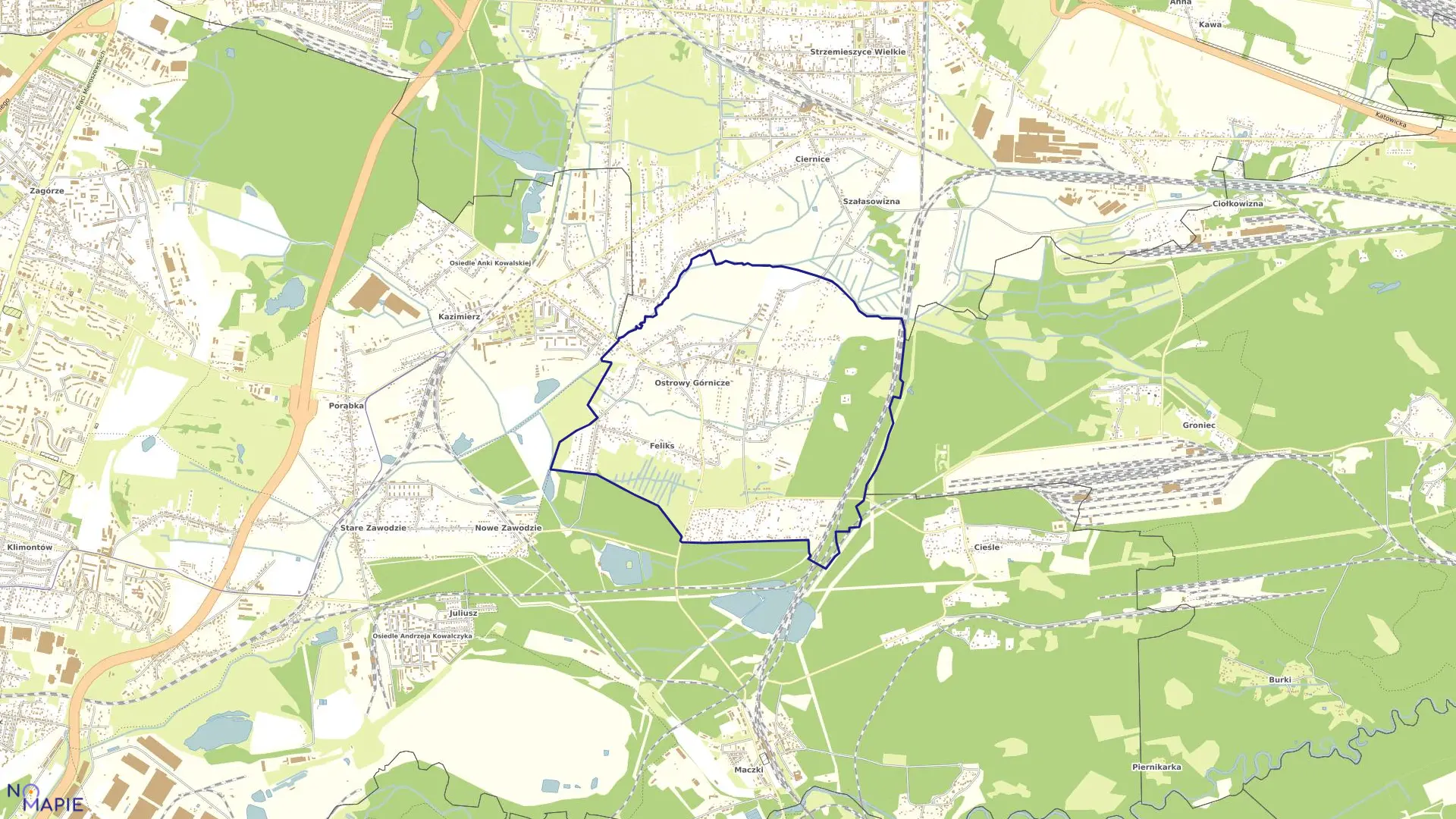 Mapa obrębu Ostrowy Górnicze w mieście Sosnowiec
