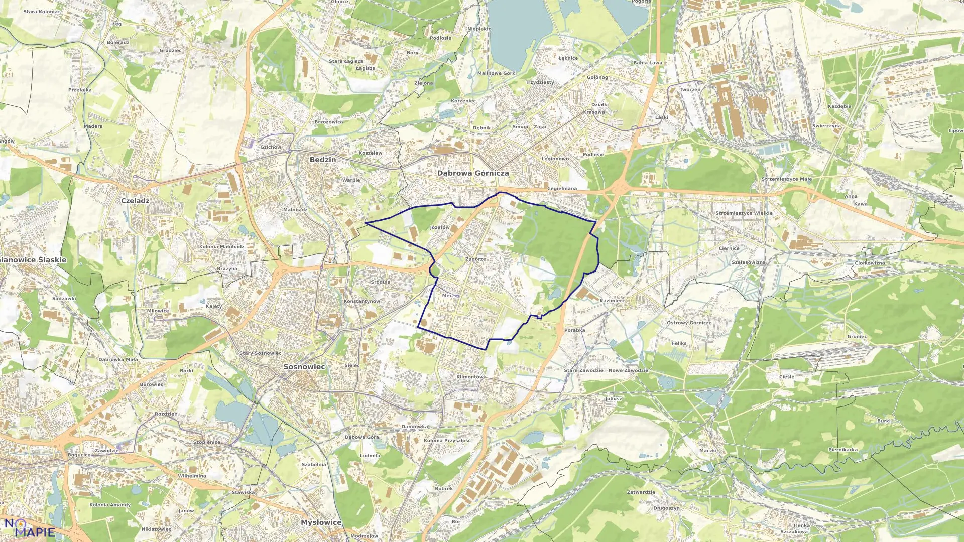 Mapa obrębu Zagórze w mieście Sosnowiec